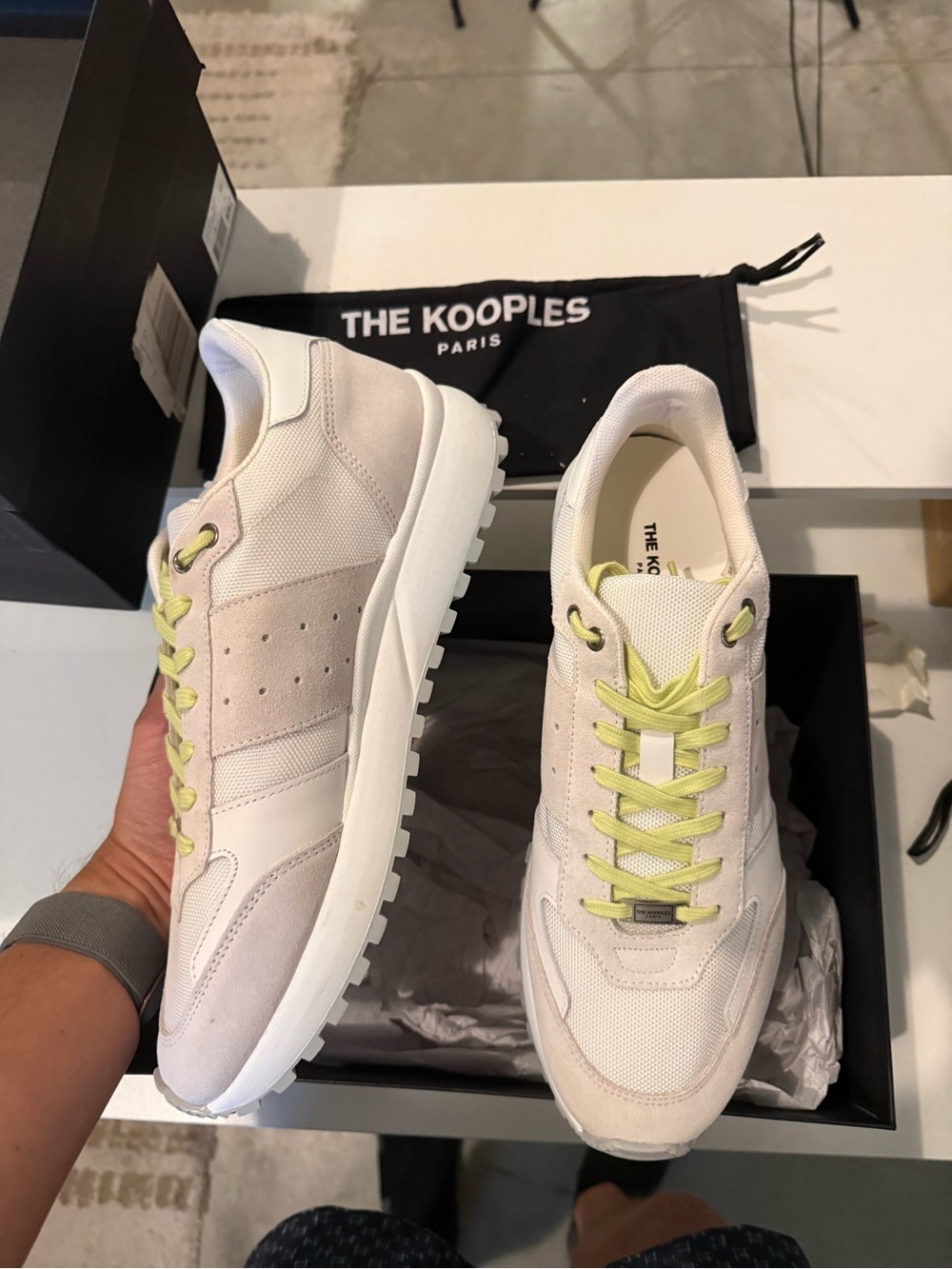 The Kooples Men’s Beige Suede & Mesh Sneakers with Yellow Laces